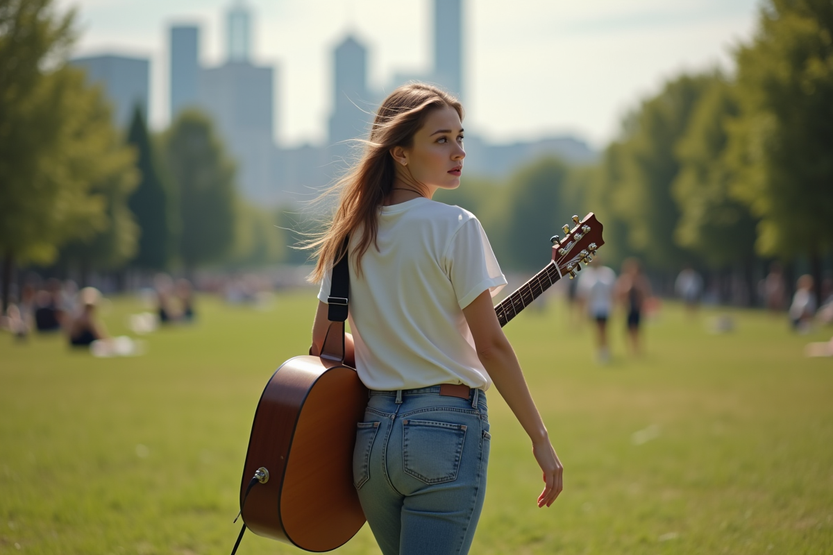 Jeune femme avec guitare dans un parc urbain
