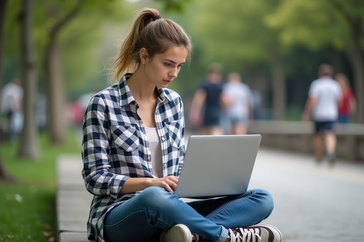 Jeune femme assise sur un banc de parc avec son ordinateur portable en extérieur