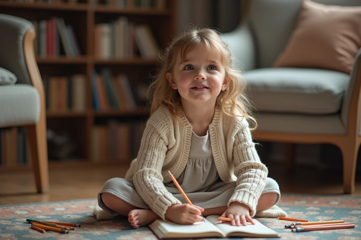 Jeune fille écrivant dans un cahier avec des crayons de couleur