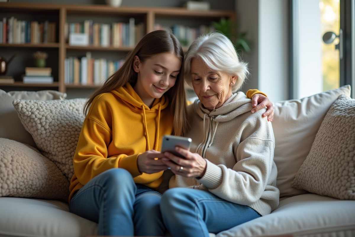 Jeune fille aidant sa grand-mère avec un smartphone