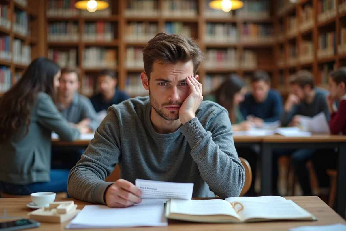 Jeune homme frustré avec un chèque vacances à la bibliothèque