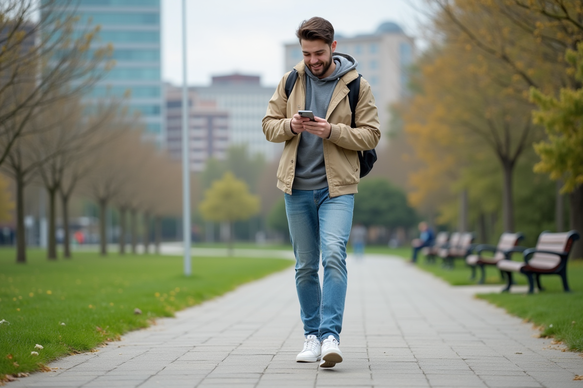 Jeune homme vérifiant son téléphone dans un parc urbain