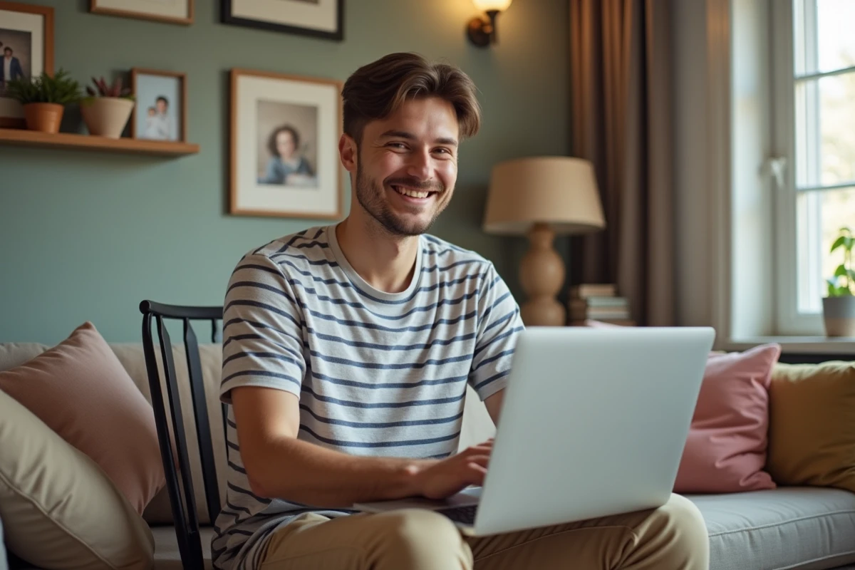 Jeune homme détendu utilisant un ordinateur portable à la maison