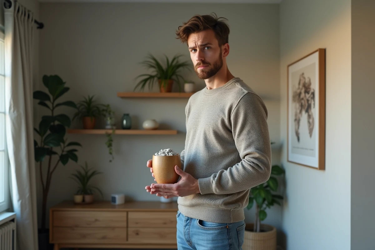Jeune homme tenant une urne avec des cendres dans un salon moderne