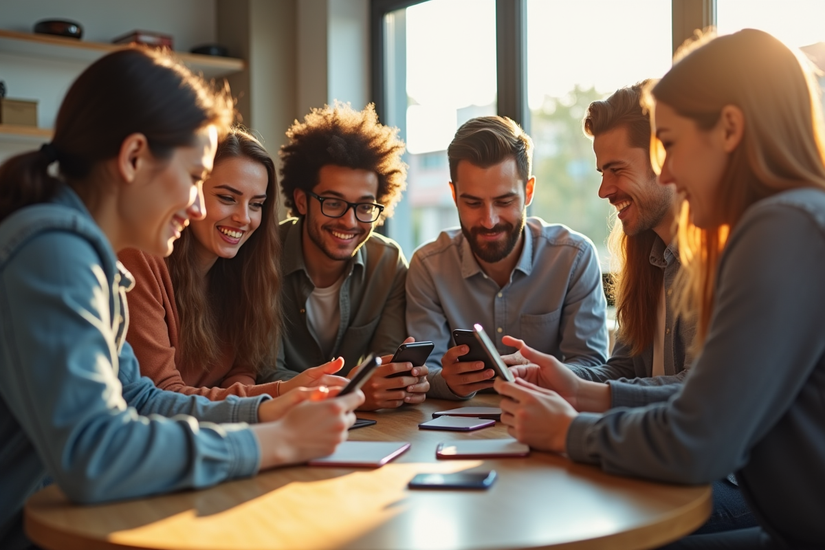 Jeunes adultes comparant des smartphones dans un espace de travail lumineux