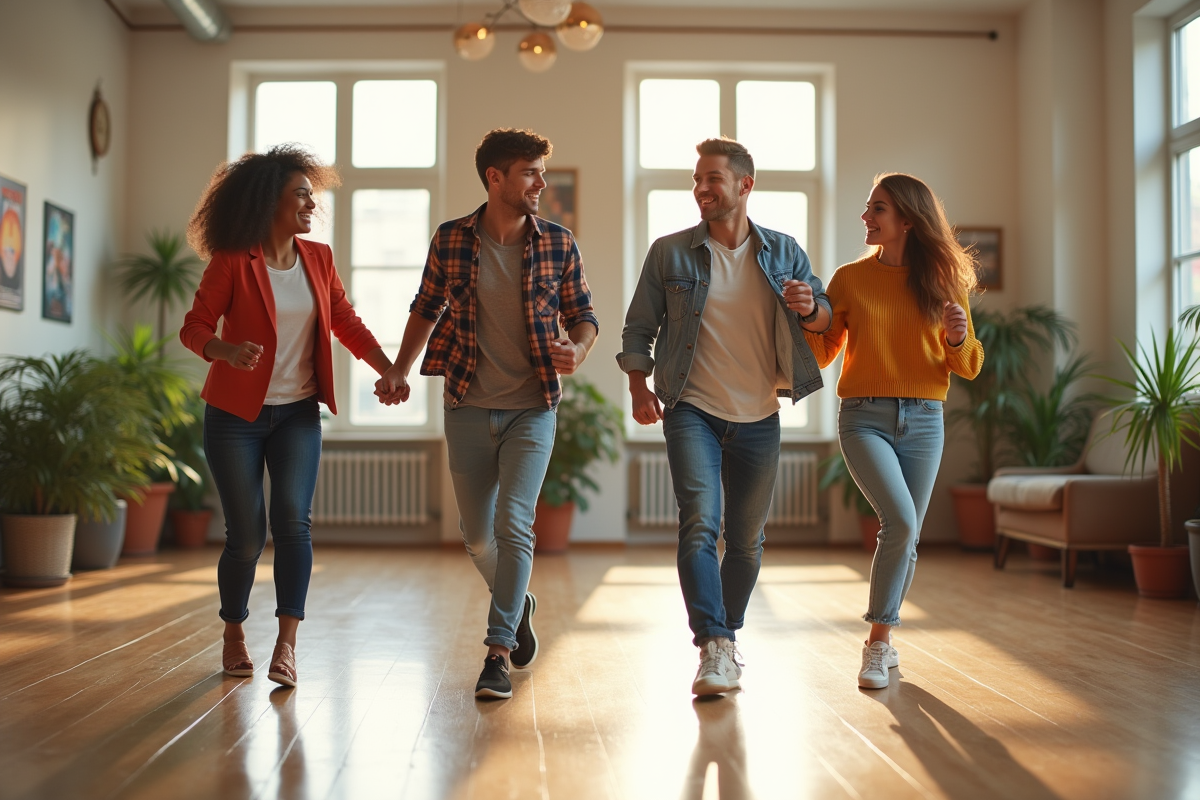 Groupe de jeunes dansant dans une salle lumineuse