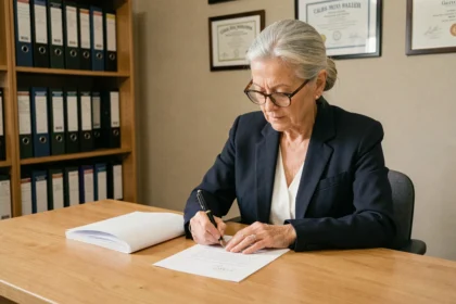 Femme senior rédigeant une lettre de démission pour départ à la retraite à son bureau à domicile