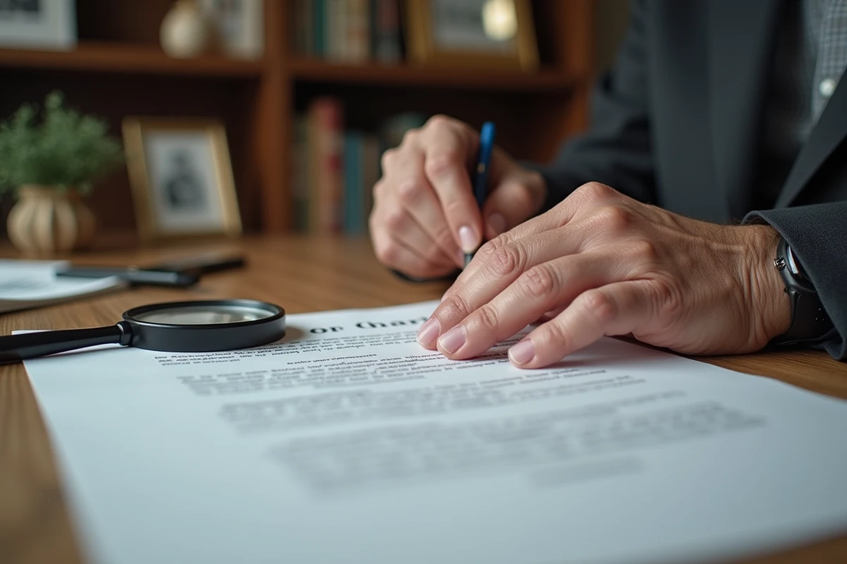 Gros plan sur des mains de personne âgée posées sur une charte des droits imprimée, symbolisant la lecture attentive d'un document officiel