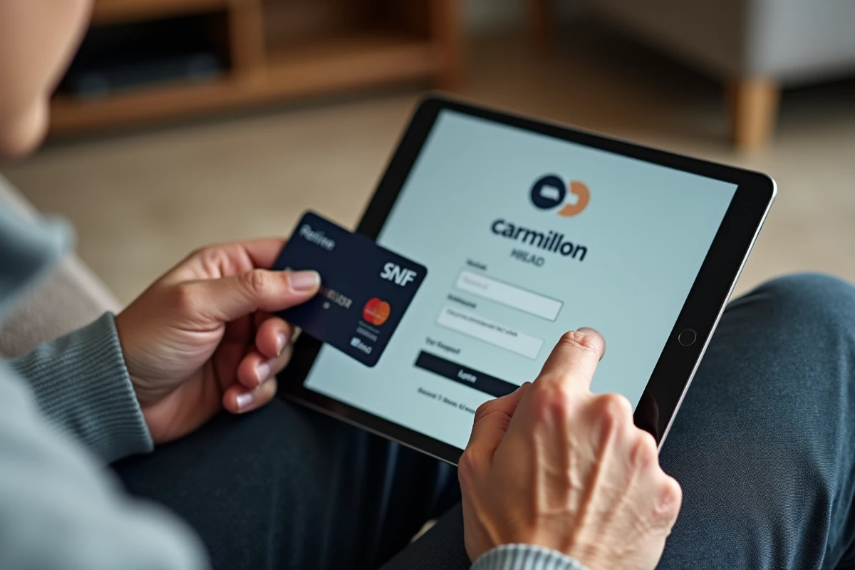 Gros plan sur des mains de retraité tenant un pass Carmillon SNCF devant un écran de tablette affichant une page de connexion