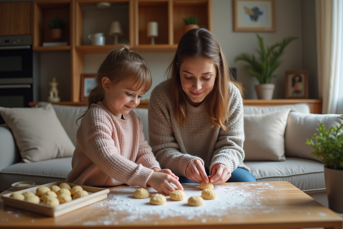 Mère et fille cuisinent des cookies dans un salon chaleureux