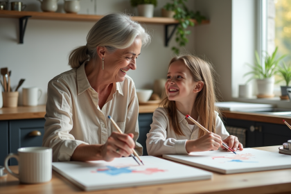 Femme et fille rient en peignant dans la cuisine moderne