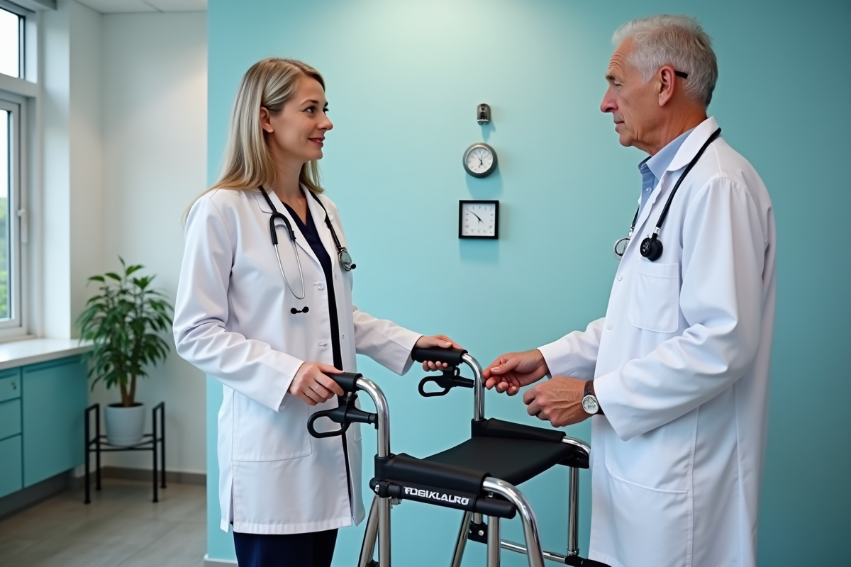 Medecin orthopedique montrant differents types de marcheurs a un senior
