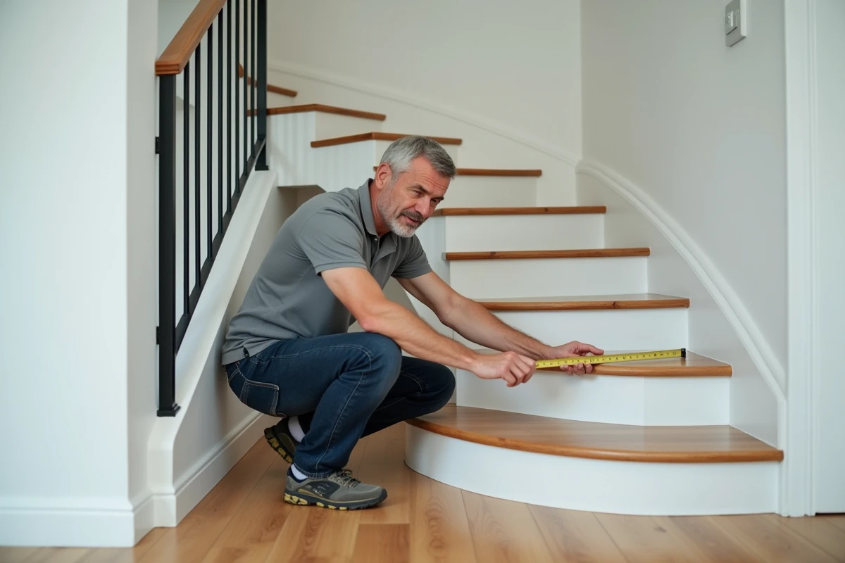 Homme mesurant la largeur des marches d'un escalier courbé avec un mètre ruban pour vérifier la compatibilité d'un monte escalier portable