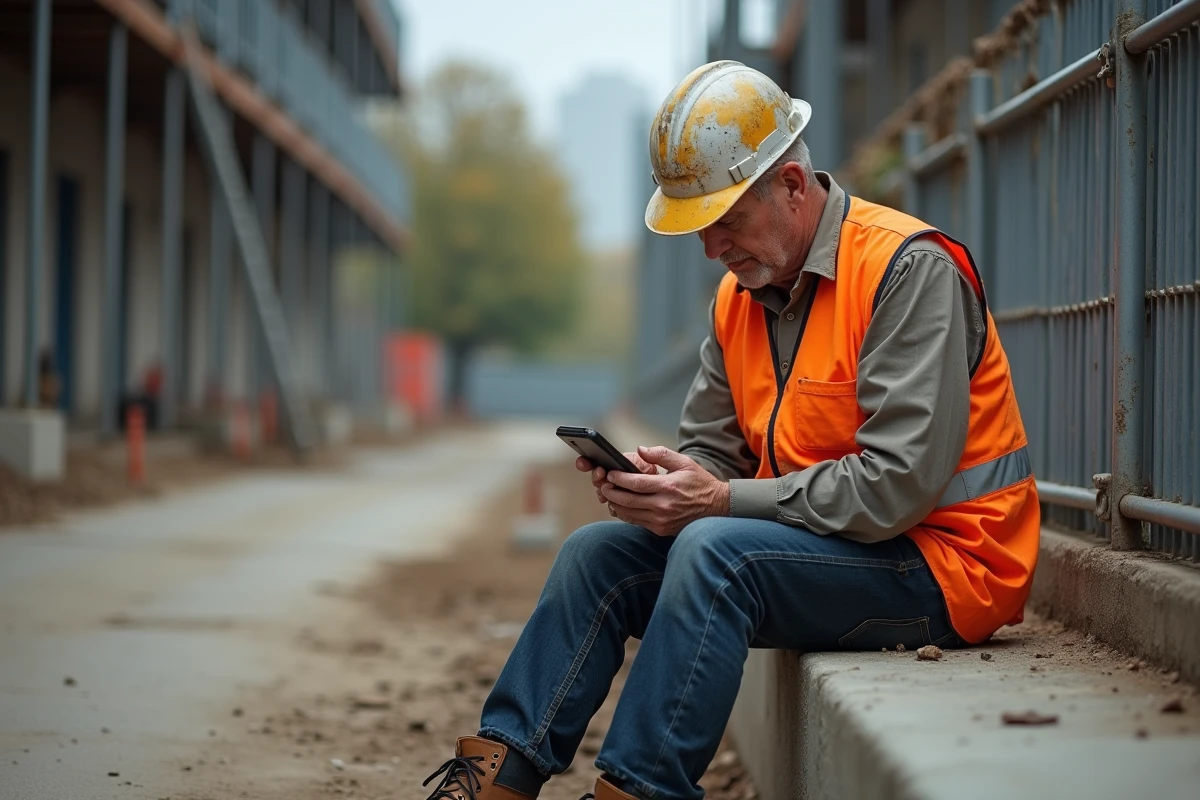 Ouvrier de 60 ans consultant ses droits à la retraite anticipée sur smartphone après une longue carrière de 172 trimestres