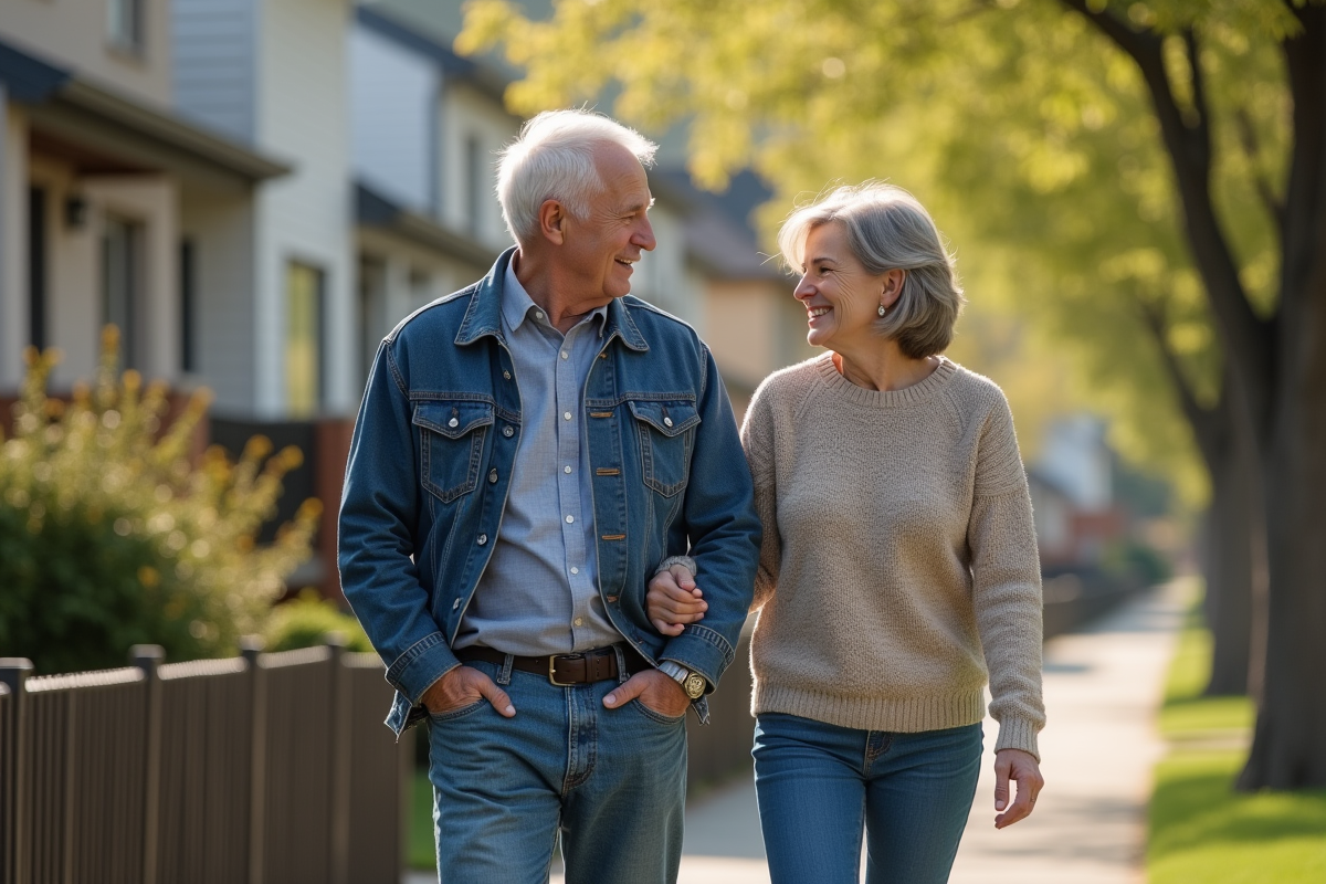 Père et fille marchant dans un quartier résidentiel au printemps