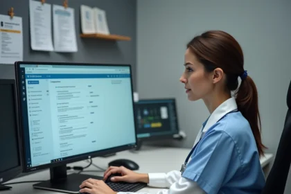Professionnelle de santé paramétrant le logiciel NETSoins Colisée sur un poste informatique en milieu médical