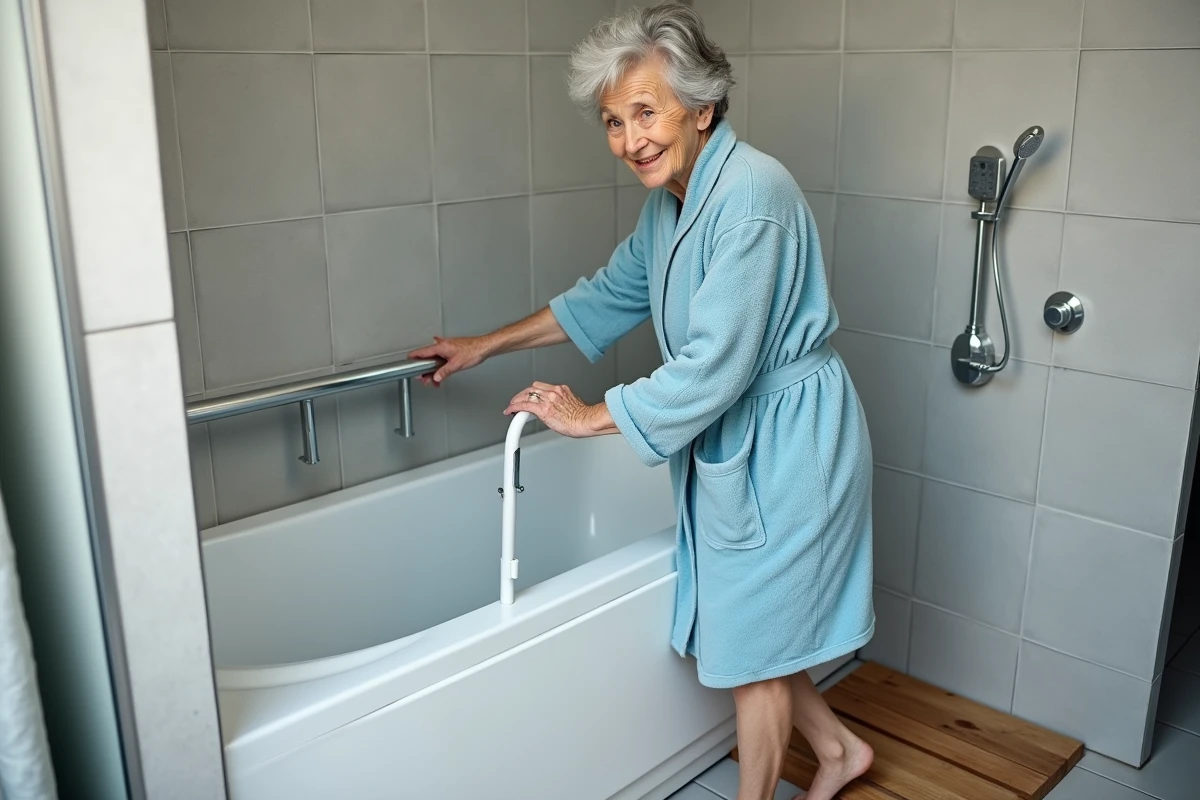 Femme âgée entrant dans une baignoire PMR à seuil bas en toute sécurité avec barre d'appui