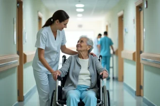 Une aide-soignante accompagne une personne âgée atteinte de démence dans un couloir d'hôpital après une urgence médicale