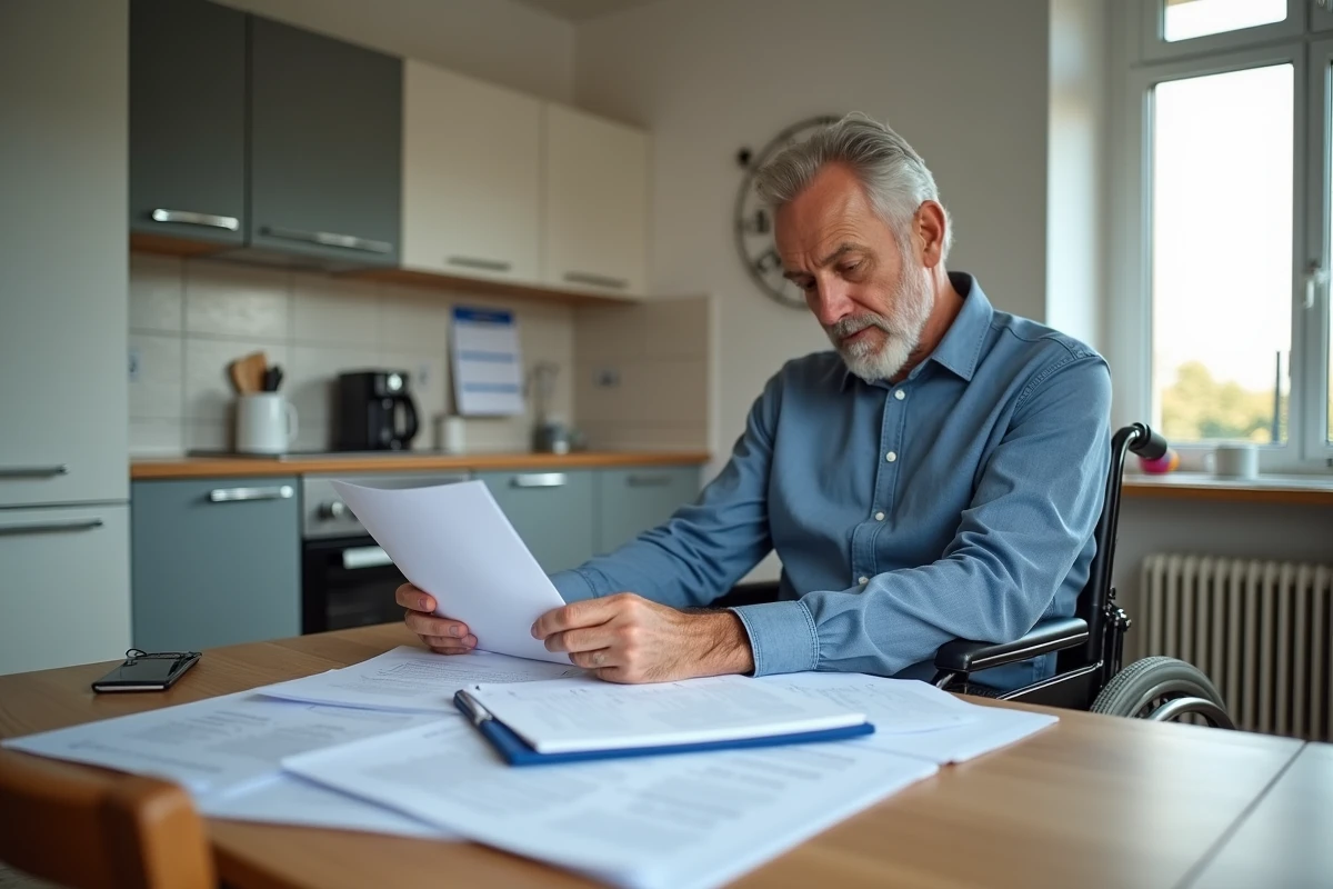 Personne en situation de handicap consultant des documents sur les tarifs ADMR 2026 chez elle