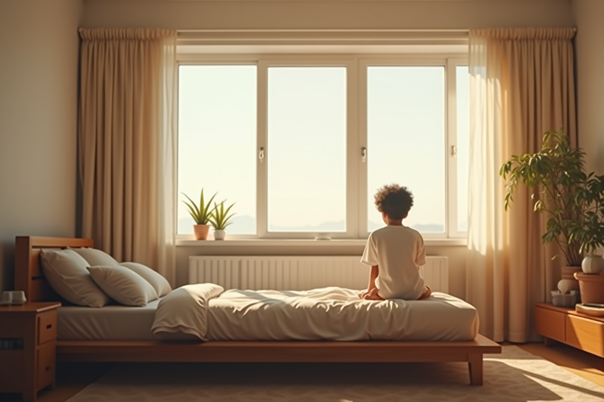 Personne assise sur un lit dans un appartement moderne et lumineux