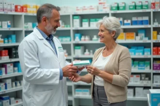 Pharmacien aidant une senior dans une pharmacie accueillante