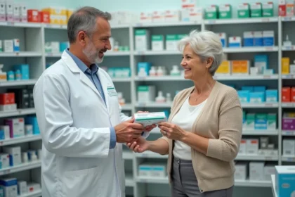 Pharmacien aidant une senior dans une pharmacie accueillante