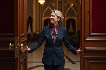 Femme en costume navy souriante devant porte de theatre