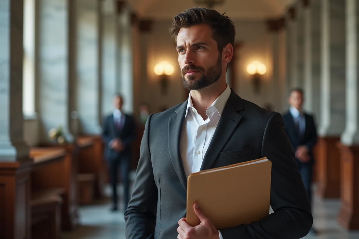 Professionnel juridique dans un couloir de tribunal tenant des documents officiels liés à un signalement au procureur
