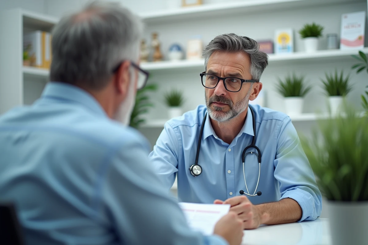 Professionnel de santé discutant avec un patient âgé en consultation