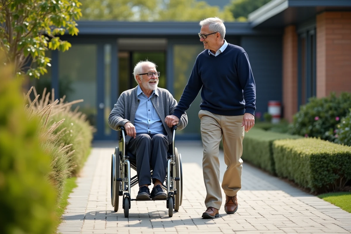 Fils aidant son père en fauteuil roulant dans un jardin