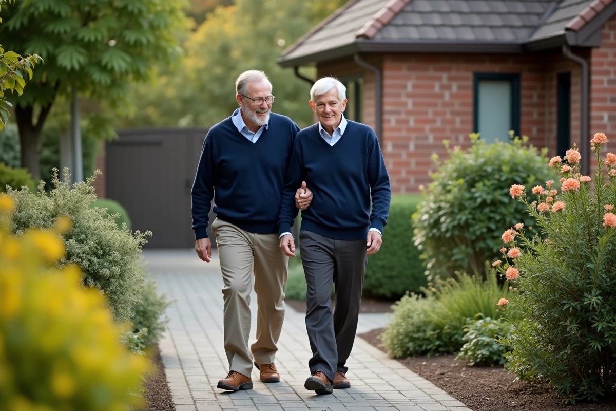Senior marchant dans le jardin avec un aidant dans un cadre paisible