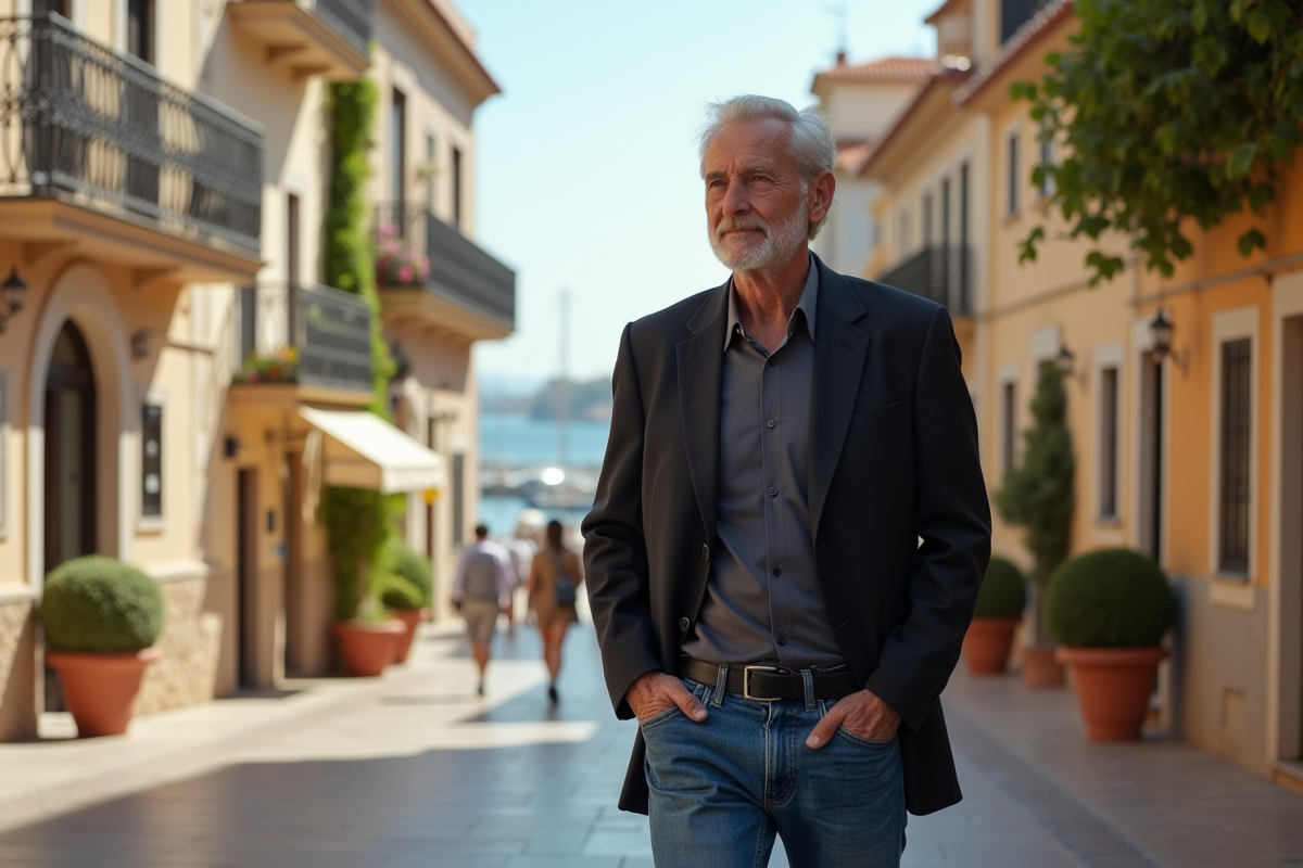Homme age en promenade dans une rue en bord de mer
