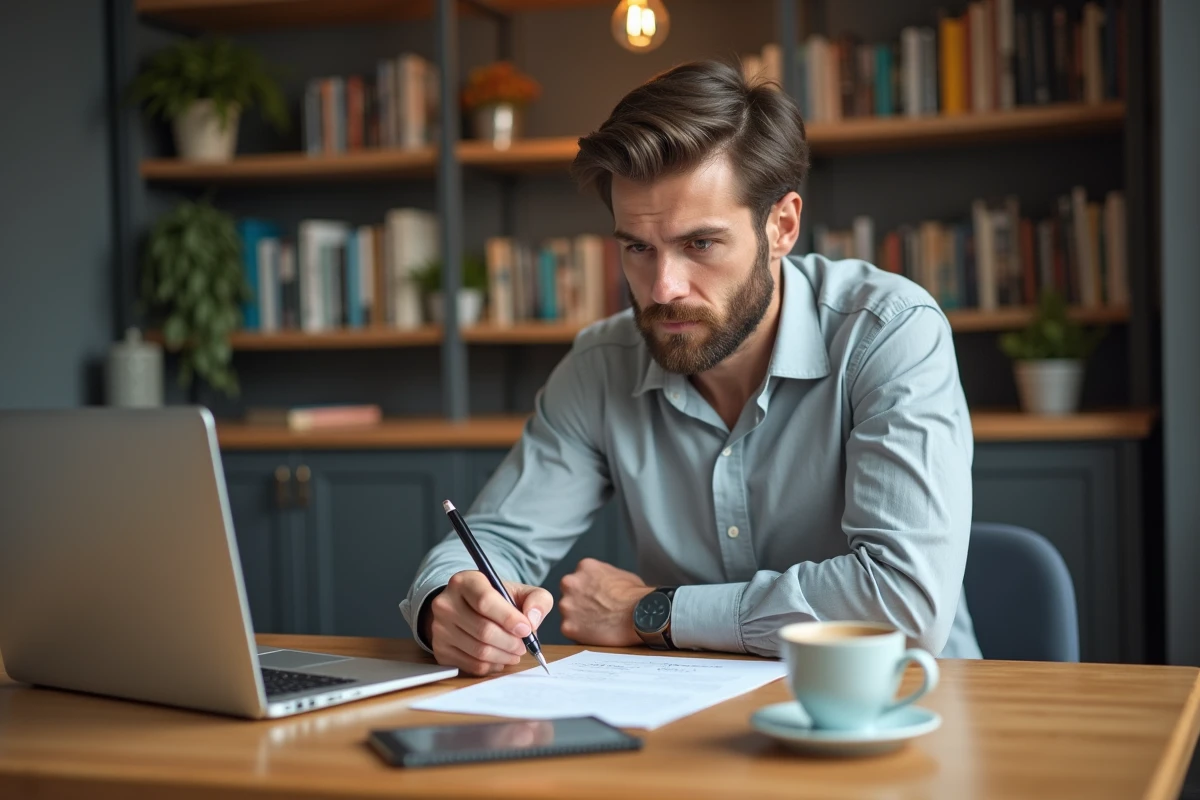 Homme rédigeant une lettre de motivation pour un poste en EHPAD à son bureau à domicile