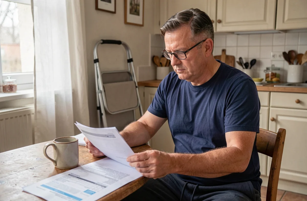 Homme consultant des documents de remboursement de chaise de douche après hospitalisation à domicile