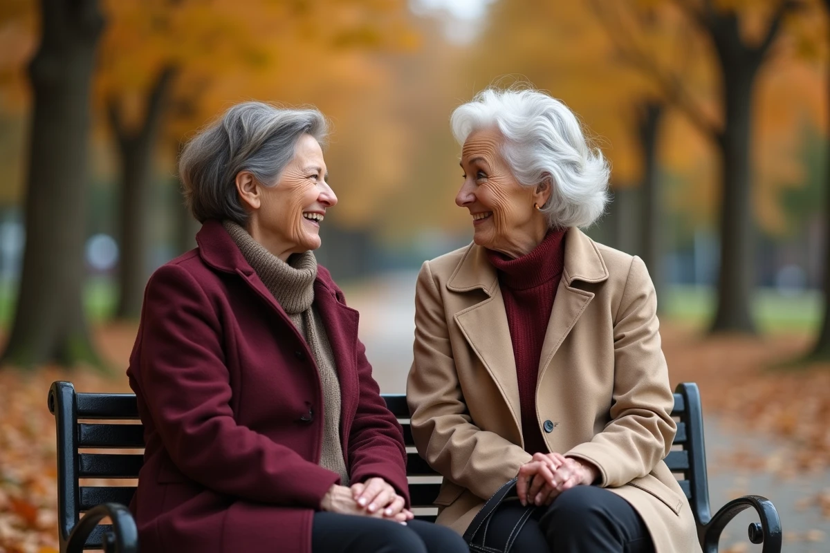 Deux femmes seniors qui se rencontrent pour la première fois dans un parc en automne de façon sécurisée