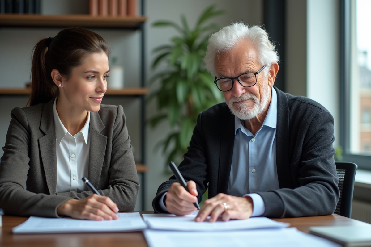 Homme âgé et jeune femme en réunion de documents légaux