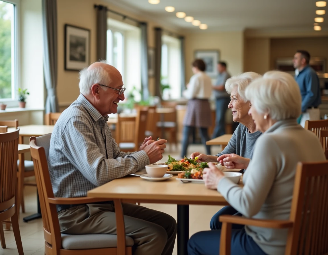 Personnes âgées partageant un repas dans la salle à manger d'un établissement pour seniors
