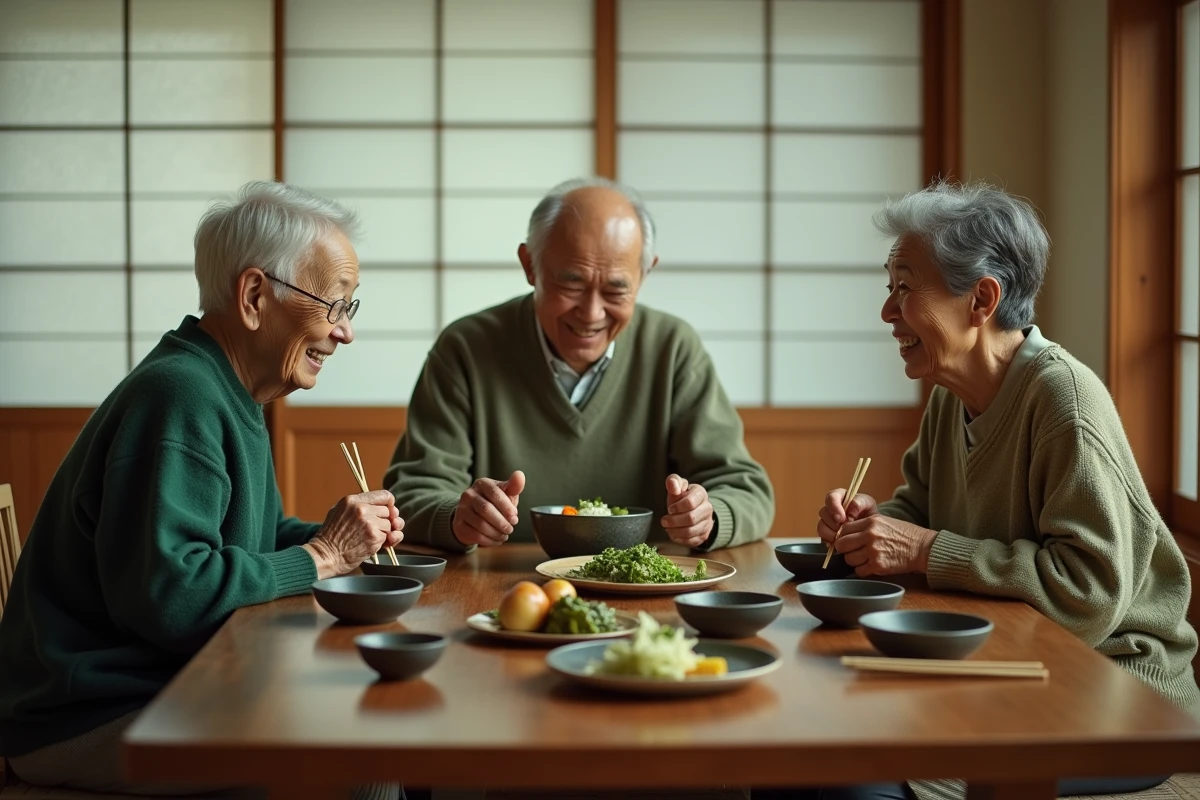 Trois personnes très âgées partagent un repas japonais traditionnel composé de miso, riz et légumes, illustrant les habitudes alimentaires des supercentenaires