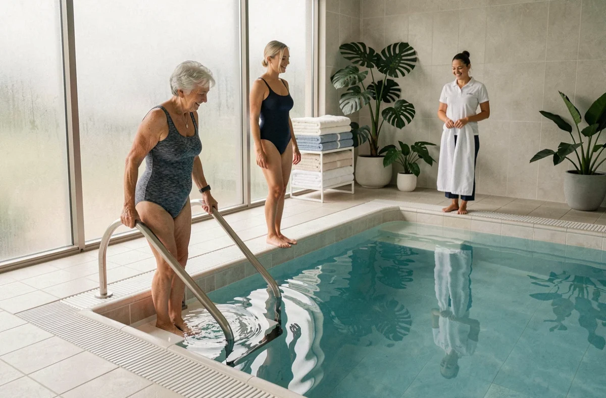 Espace piscine intérieure de la résidence AQUARELIA à Noisy-le-Sec avec des résidentes lors d'une séance aquatique