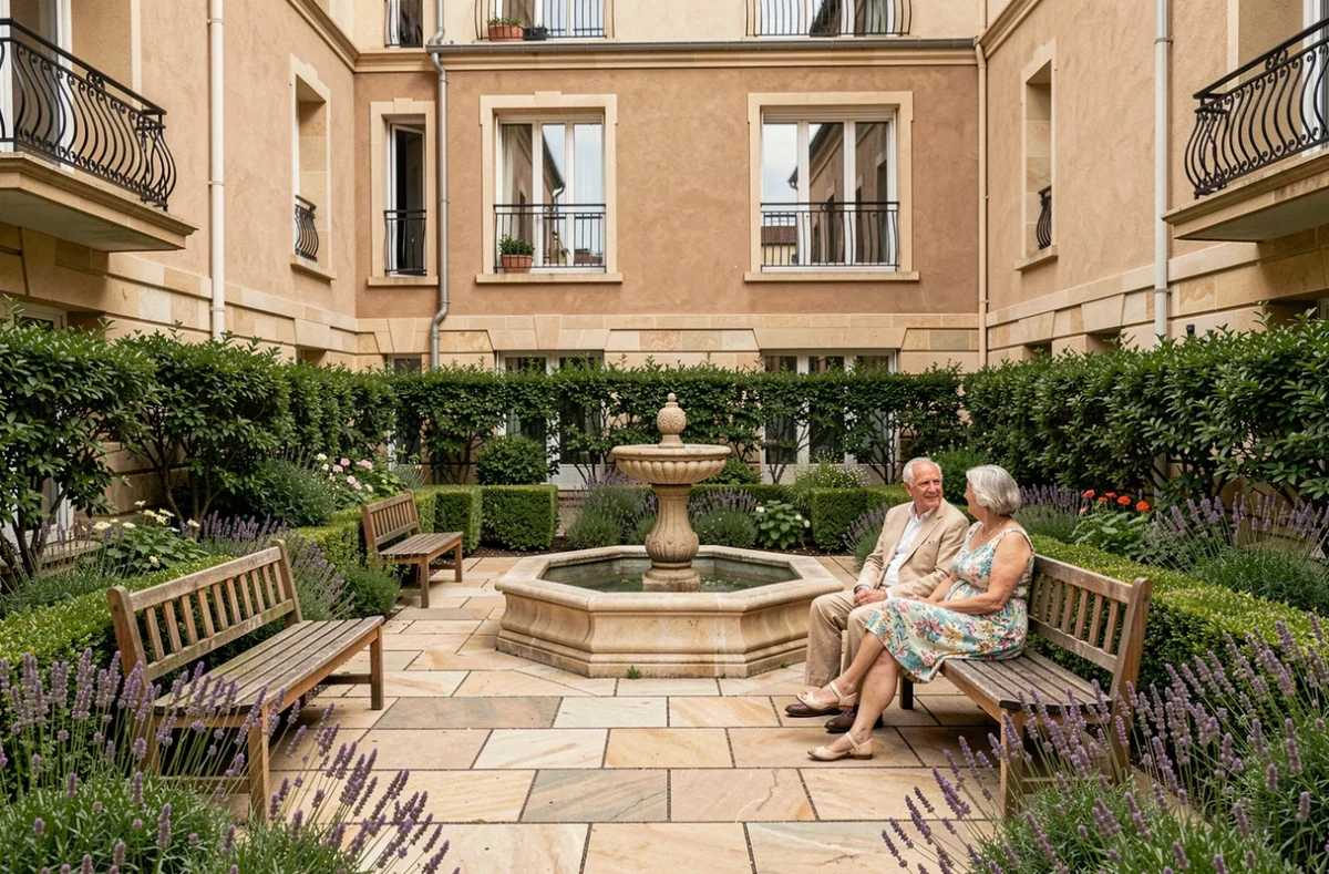 Jardin intérieur fleuri de la résidence Armonia à Drancy avec deux résidents profitant de la cour paisible