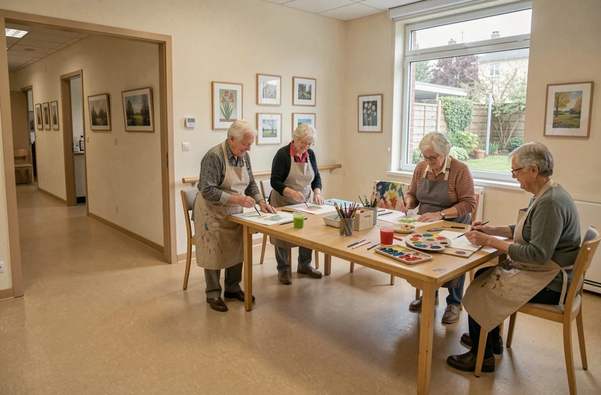 Atelier de peinture animé dans la salle commune de la résidence autonomie Ambroise-Croizat à Rosny-sous-Bois