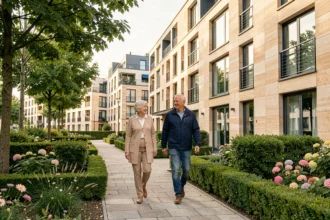 Vue d'ensemble d'une résidence senior moderne en Seine-Saint-Denis avec jardin fleuri et résidents se promenant