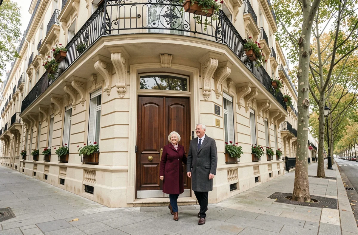 Façade classique et élégante des Résidences STELLA au Raincy avec un couple de résidents à l'entrée