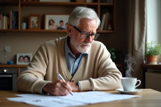 Retraité de 68 ans examinant ses documents fiscaux et relevés de pension à la table de sa cuisine, illustrant l'abattement fiscal pour retraités en 2026