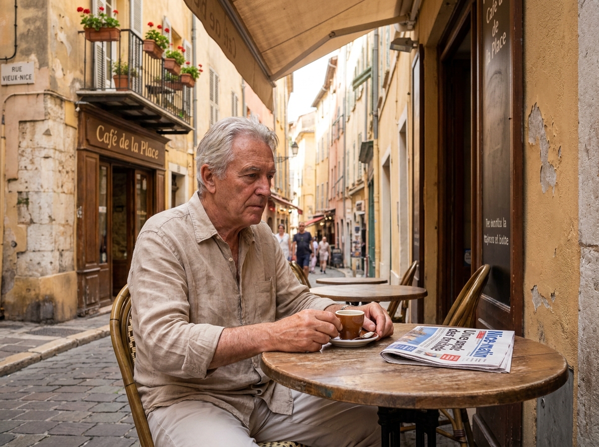 Retraité savourant un café en terrasse dans une ruelle de Vieux-Nice entouré d'architecture colorée