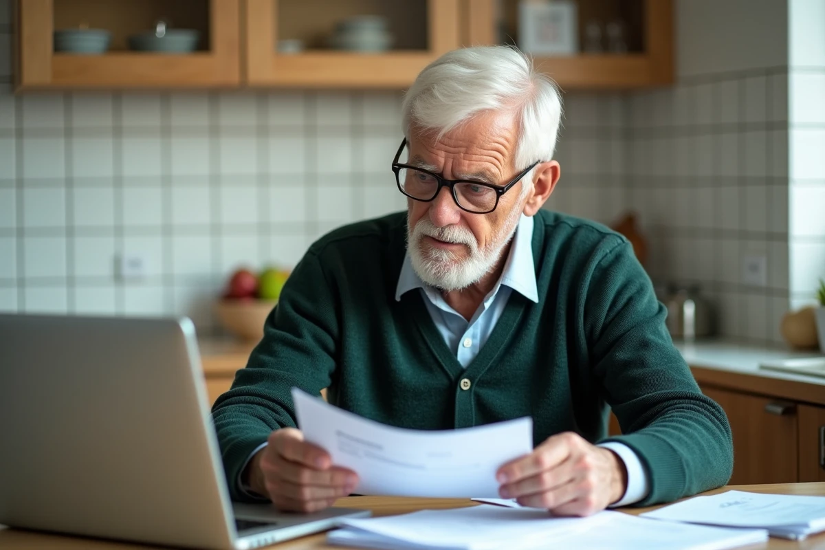 Un homme âgé compare ses lettres de Pôle Emploi et ses relevés de caisse de retraite à la table de sa cuisine, cherchant à comprendre la différence entre trimestres cotisés et périodes assimilées