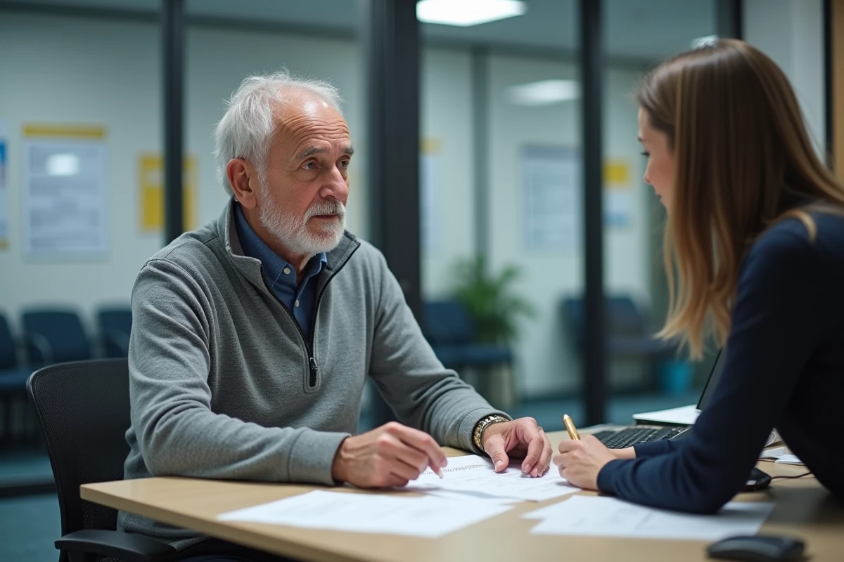 Retraité en rendez-vous avec une conseillère sociale pour une demande d'aide au déménagement