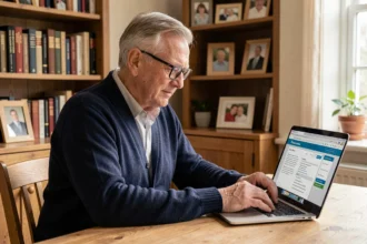 Retraité consultant son bulletin de pension en ligne sur un ordinateur portable depuis son bureau à domicile