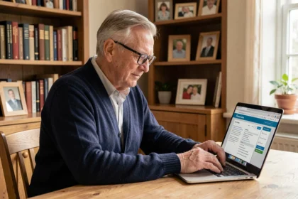 Retraité consultant son bulletin de pension en ligne sur un ordinateur portable depuis son bureau à domicile