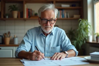 Retraité de 68 ans examinant sa déclaration de revenus à la table de cuisine, avec des documents fiscaux officiels